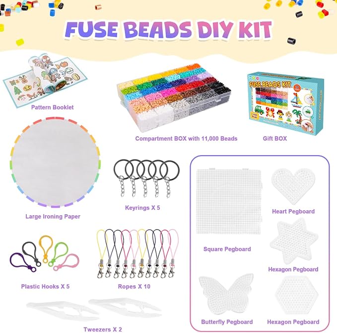 Meland Fuse Beads Kit, 5MM 11,000 Beads in 36 Colors, Crafts for Ages 5-12 | Includes 5mm beads, 5 pegboards, ironing paper and chain accessories for creative crafts, keychains and colorful designs