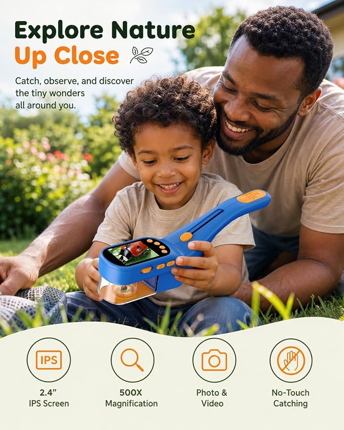 Ashfly Bug Catcher for Kids, Handheld Microscope for Kids with Screen | No-touch catching with clear chamber, manual focus, photo/video and USB-C PC viewing for close-up insect observation