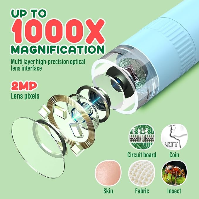 IMICHI Microscope for Kids 50X-1000X - 2 inch IPS HD Screen, 32GB Storage Card, 1080P Video, 2-Hour Battery Life, Easy Carry, Slides Included - Perfect Science Kit Gift for Kids Ages 8-12 Blue