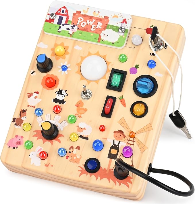 Busy Board for Toddlers 1-3 - Montessori Educational Sensory Toy for Kids | 10 Switches & 19 LED Lights Farm Sensory Toy, Develops Fine Motor Skills, Portable Travel Toy, Birthday Gift for Boys & Girls