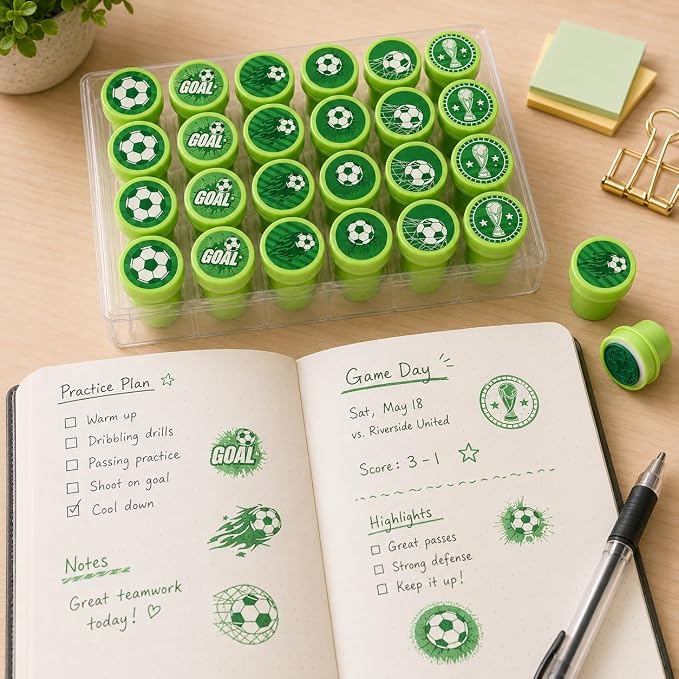 Cinrobiye 24 Pcs Soccer Sports Stampers for Kids, Pre-Inked Football Party Favor Set, Sports Birthday Party Supplies, Classroom Rewards, Goody Bags, Piñata Fillers