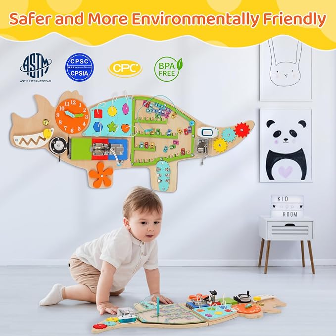 FIIOEOY Dinosaur Wall Busy Board,11-in-1 Montessori Wall Activity Board | Foldable Wooden Sensory Wall Panel for Kids, Wall-Mounted Busy Board, Perfect for Playroom, Daycare, Waiting Room & Nursery