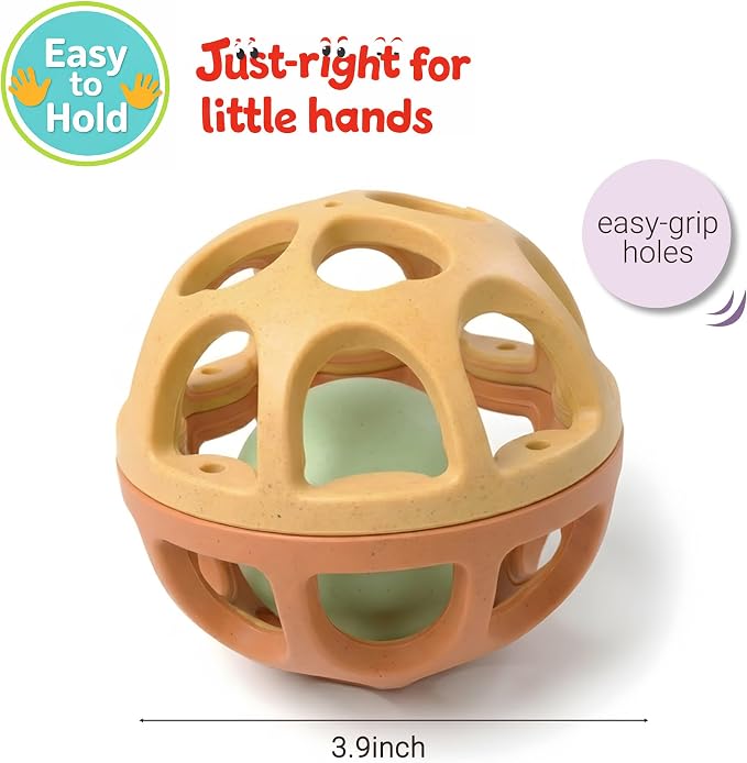 Sensory Rattle Balls, Textured Teething Sensory Toy for Babies 6-12M | BPA-Free Wheat Straw, Bright Colors, Shake-to-Rattle Sound, Cause & Effect Play, Lightweight Baby Gift, Yellow
