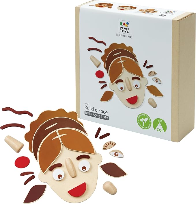 PlanToys® Wooden Build A Face Play Set Montessori Social Emotional Kids Toy | face pieces, sensory toys, girls, boys, emotional expression, creative fine motor gift preschool learning family fun set