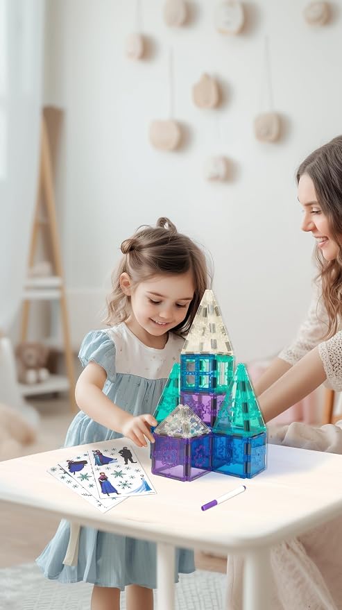 Tytan Toys Disney Frozen Magnetic Tiles Princess Castle - 41-Piece STEAM Building Set with Glitter Tiles & Elsa, Anna, Olaf Stickers - Educational Frozen Toys for Girls Age 3-4+