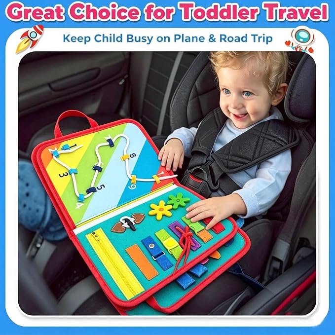 Montessori Busy Board & Busy Book for Toddlers with 10+ Sensory Activities, Fine Motor Skills Learning Toy with Shoe Lacing Practice, Quiet Travel Toy for Airplane & Car, Birthday Gift for Boys Girls