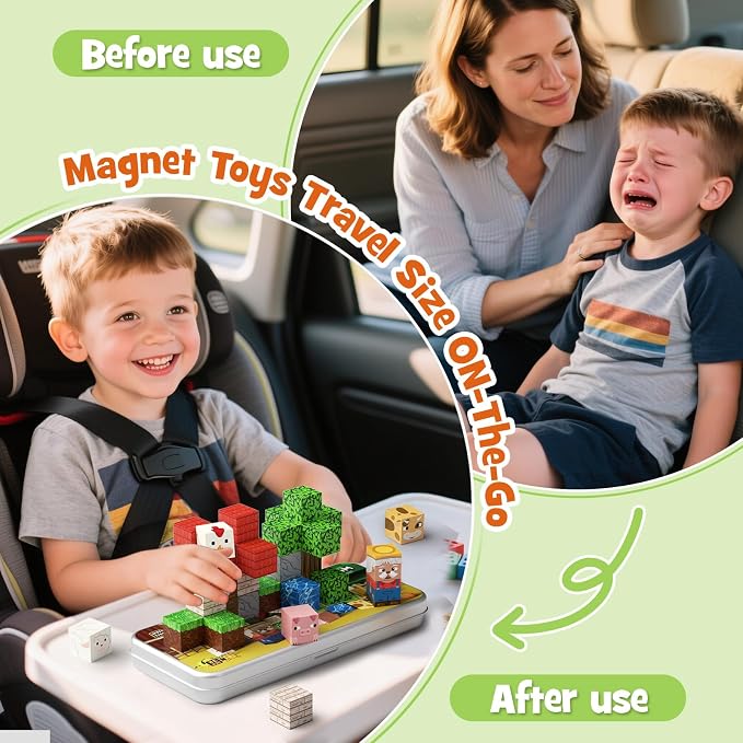 Mini Magnetic Travel Building Blocks: 35 PCS Farm Animals STEM Toys | Metal Storage Box as Play Base - Portable Magnets Cubes Road Trip & Airplane Activities Essentials for Kids Toddlers Ages 3-8
