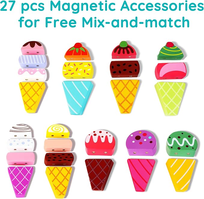 HELLOWOOD Wooden Ice Cream Truck, 28 pcs Magnetic Ice Cream Sweet Treats Pretend Play Food & Accessories, Montessori Sorting & Stacking Toys for Toddler Girls & Boys Age 2-5