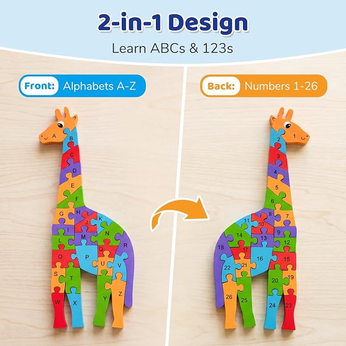 LovesTown Puzzle for Kids, Wooden, 3D Giraffe Shape | for Ages 3-5, Double-Sided, Alphabet Recognition, Number Counting, Homeschool Fun, Quiet Play, Montessori Educational Gifts