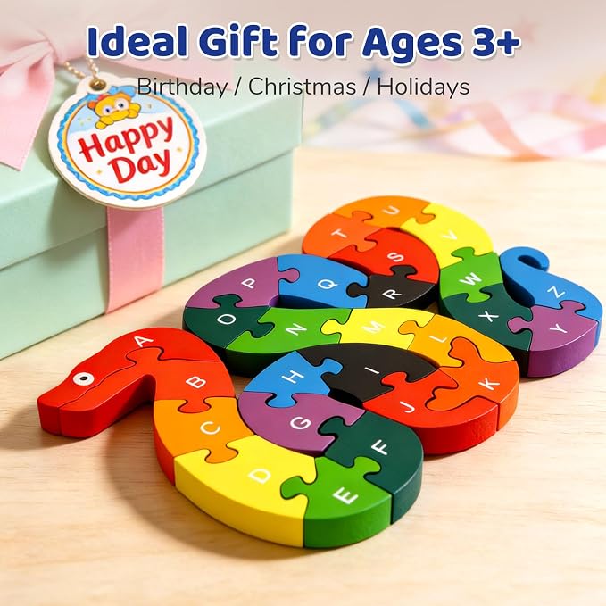 LovesTown Wooden Double Sided Snake Puzzle | Alphabet & Numbers, Educational Toys, Chunky Animal Design, For Toddlers, Great Learning Gift