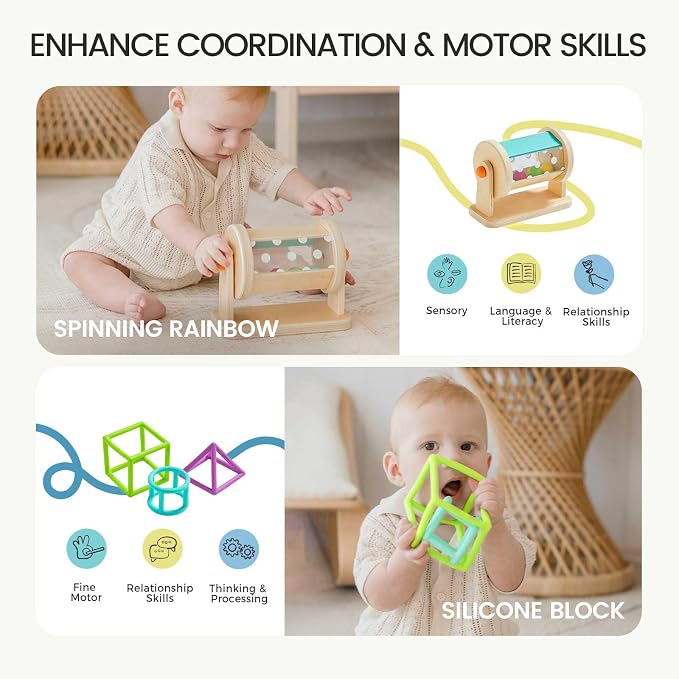 Tiny Land Montessori Baby Toy Set 4-6 Months 4 in 1 Motor Skills Kit | Soft cloth book, spinning rainbow toy, silicone blocks, baby tissue box, tummy time, teething and fine motor play gift