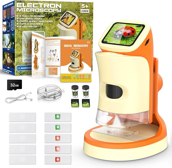 Kids Digital Microscope 1000X with 2.0" Screen | Handheld Rechargeable Microscope Kit with Slides, Portable STEM Science Toy for Kids Ages 5-12, Educational Gift for Boys & Girls