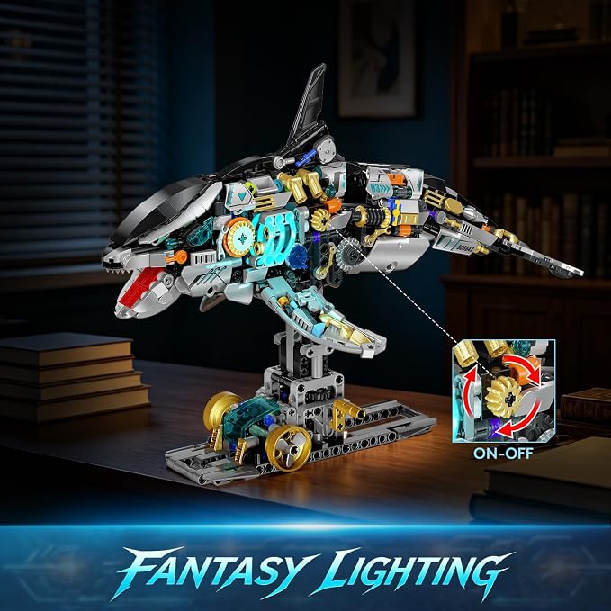 INSOON Mechanical Orca Building Set STEM Toy with LED Light for Boys 12+ | Interactive Whale Building Block with Crank Mechanism, Ocean Animal Model Christmas Birthday Gift for Teens Adults(1005 PCS)