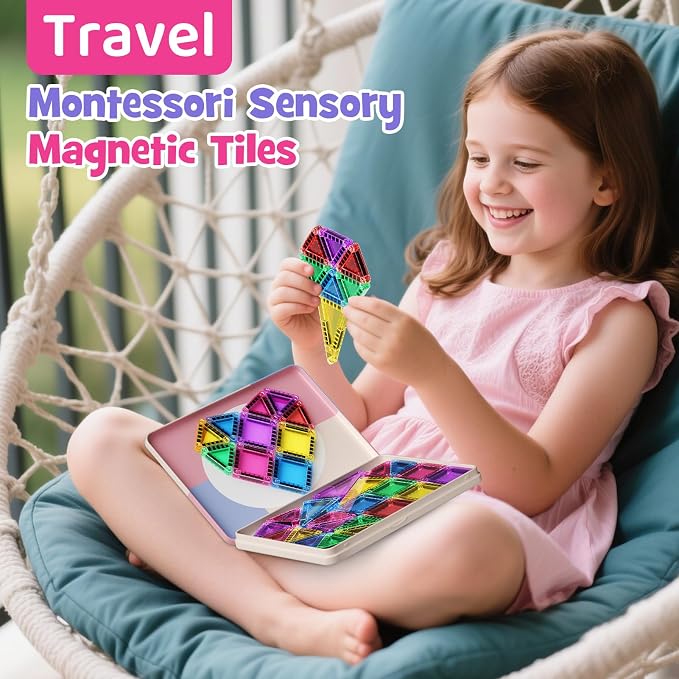 WMDXU Travel Magnetic Tiles Set : 42PCS Travel Set with Iron Box for Girls | Sensory Building Blocks, Bright Colors & Shapes Boost, Iron Box Prevents Lost Pieces, Perfect for On-the-Go Play