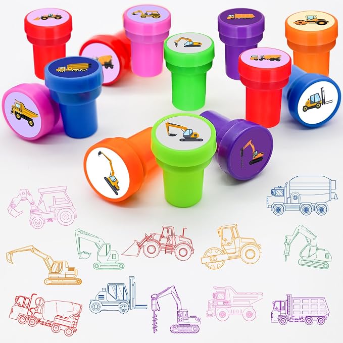 Cinrobiye 24 Pcs Construction Stampers Party Favor Set, Cute Building Site Stamps for Kids Birthday Party, Classroom Rewards, Educational Toys, Goody Bag Fillers, Construction Themed Party Supplies