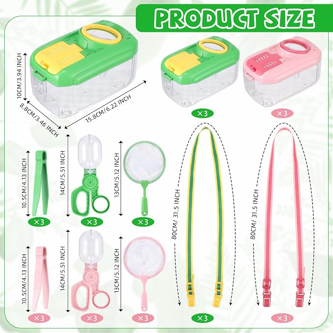 Halloscume 6 Sets Bug Catcher for Kids Students Insect Catching Kit Collector Bug Box with House, Butterfly Net, Tweezer, Cage Habitats Container Collection Explorer Gift (Pink,Green)