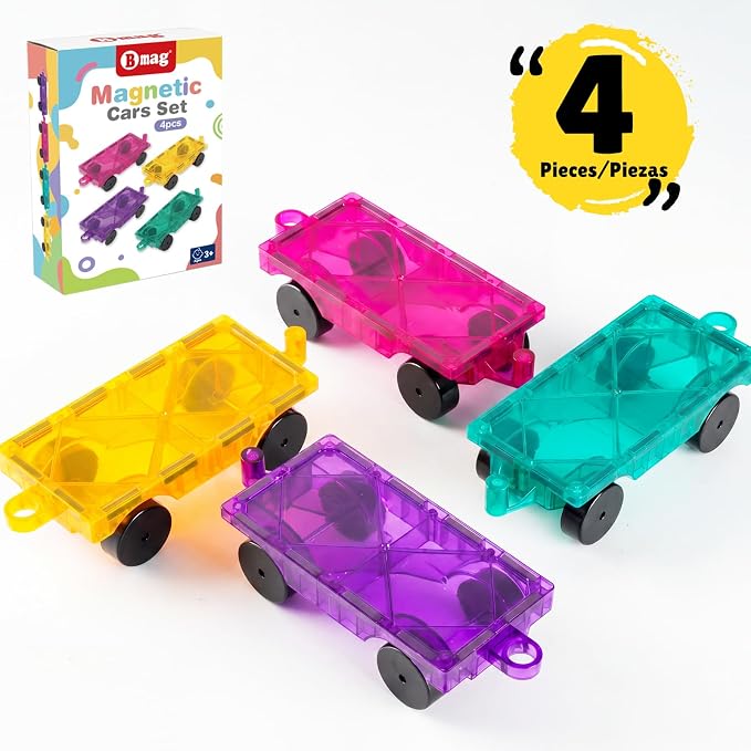 Bmag 4 PCS Magnetic Tiles Car Base Accessories, Compatible with Most Standard Magnetic Building Tiles, Sealed Magnet Car Bases, STEM Building Expansion Kit for Kids Aged 3+
