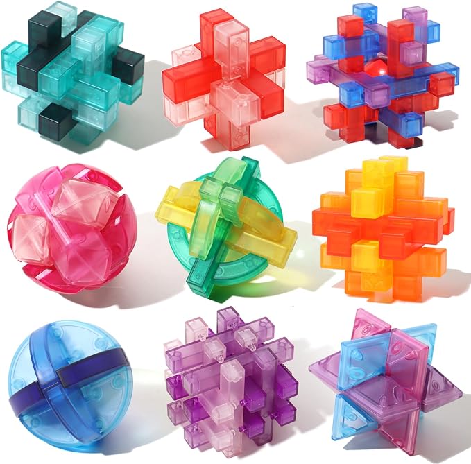 9 PCS Colorful Translucent ABS Luban Lock Set, Brain Teaser Puzzles for Kids Teens Adults, Interlocking Disentanglement Mind Puzzles, Montessori STEM Educational Toys