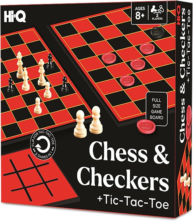 3-in-1 Chess, Checkers & Tic-Tac-Toe Game Set – Double-Sided Folding Board – Staunton Style Pieces & Interlocking Checkers – Classic Strategy Family Board Game for Kids & Adults