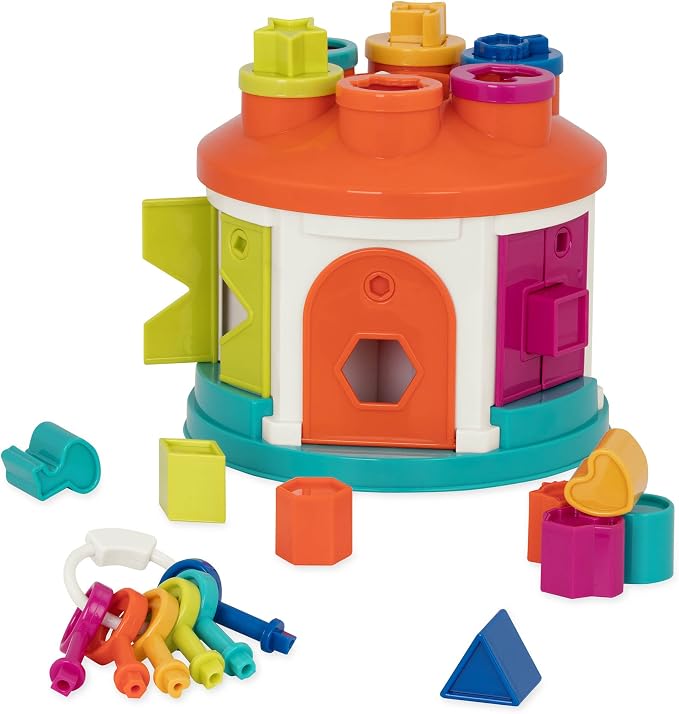 Battat Color Sorting Toy with Keys and Storage, Toddler, 14-Piece Set | Take-along shape sorting house with 12 different shapes, color-coded keys, carry handle, and storage inside, 2+ Years