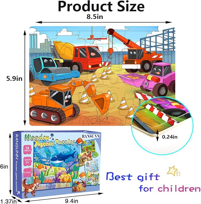 Puzzles for Kids Ages 3-5 24 Piece Wooden Puzzles 6 Pack | Colorful Toddler Jigsaw Puzzles, Educational Learning Toys, Birthday Gifts for Boys Girls