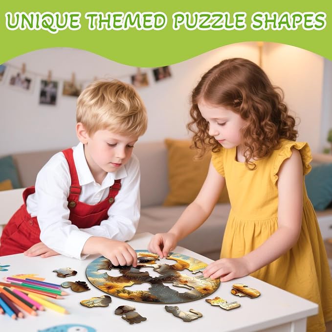 Animal Wooden Puzzles for Kids - Sunny Puppy | 50 Piece Puzzles for Kids Ages 6-8, Kids Puzzles with Unique Animal Shapes, Round Gift for Girls and Boys (11.4 * 11.4 in)