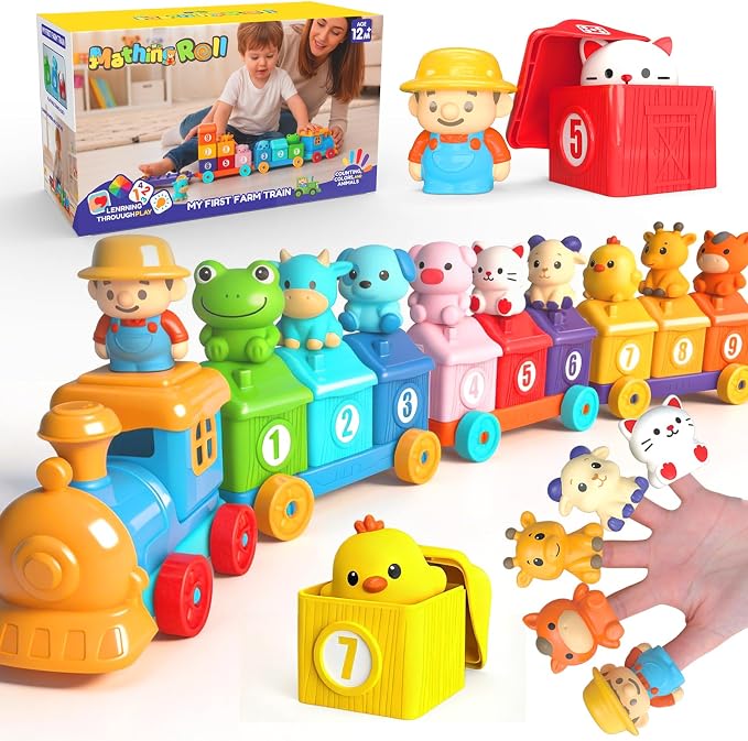 Toddler Learning Toys for 1 2 3 Year Old, Counting Matching & Sorting Montessori Train Set with 9 Farm Animals Finger Puppets, Birthday Gift for Baby Boys Girls