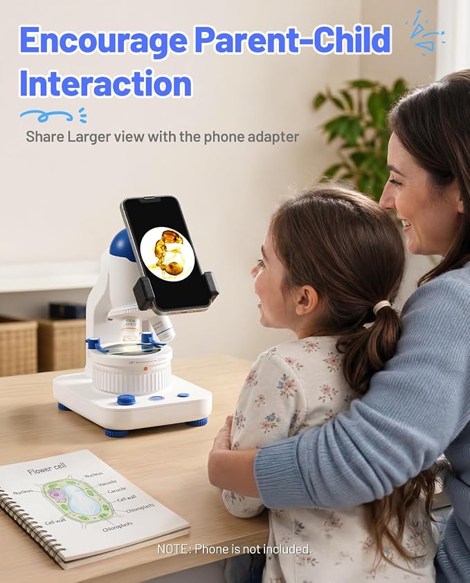 TOMLOV DM301K Microscope for Kids, 640X Educational Science Kit, STEM Toy | 12 Prepared Slides, Easy Focus, Beginner-Friendly, Dual LED Lights, Rechargeable Battery, Phone Adapter, Ages 6-12
