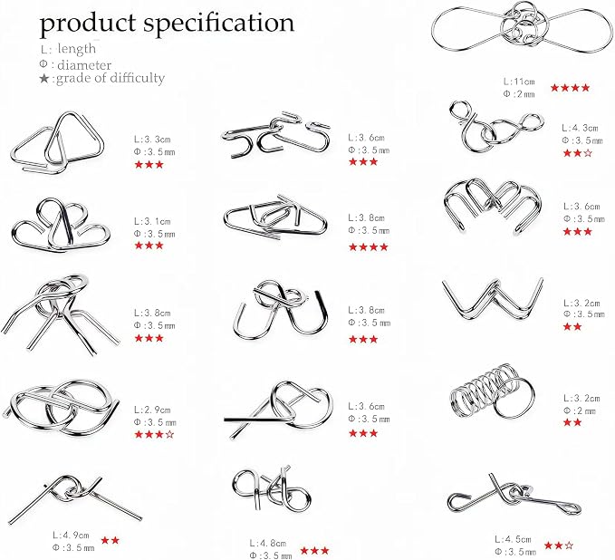 Metal Wire Puzzle Set of 24 with Pouch | Brain Teaser IQ Test Disentanglement Iron Link Unlock Interlock Game Party Favor Kids Adults Challen