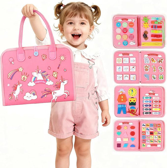Busy Board Montessori Toys Toddler Girl Gift, Sensory Travel Toy for 1-3 | Preschool Educational Toy, Fine Motor Skills, Alphabet, Numbers, Shapes, Colors, Car & Airplane, Pink Multipages