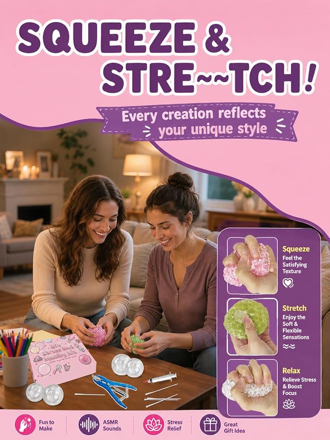 DIY Stress Ball Making Set for Adults, Squishy Make Set with 15 TPR Ball Skins, 9 Types of Fillers, Air Pump, Vacuum Tool, Plugs & Cable Ties, Make Your Squishies for ASMR Anxiety Relief Sensory