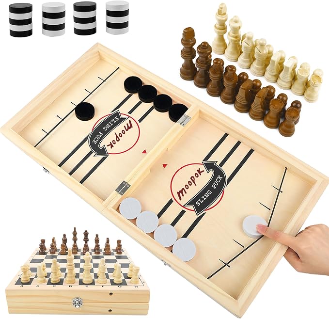 moopok Fast Sling Puck Game - 2 in1 Chess Board and Desktop Battle Super Winner Game,Fast Action Wooden Air Hockey Board Game,Adults and Kids Family Friend Funny Slingshot Game Toys