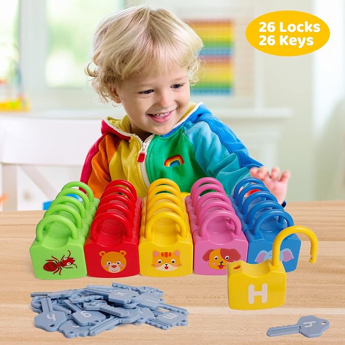 Dinhon Color Alphabet Learning Lock Toys Educational Letter Combination-with 26 Locks, 26 Keys Montessori Preschool Alphabet Learning Game for Ages 3 yrs+