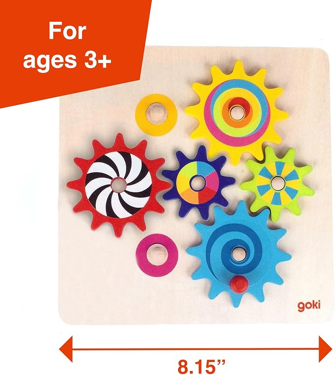 Goki Wooden Spinning Gears 8-Piece Montessori Educational Toys for 3 Year Old STEM Cause & Effect Building Set for Fine Motor Skills & Logical Thinking I Sensory Toys for Toddlers I Gifts for 3+