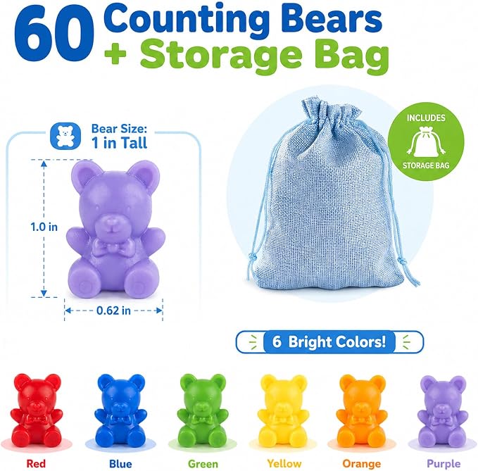 XINHUIDALSQ Rainbow Counting Bears Set of 60, 6 Colors Sorting Teddy Plastic Bears Math Manipulatives for Toddlers, 1 Inch Bear Conters Ages 3+ Kids