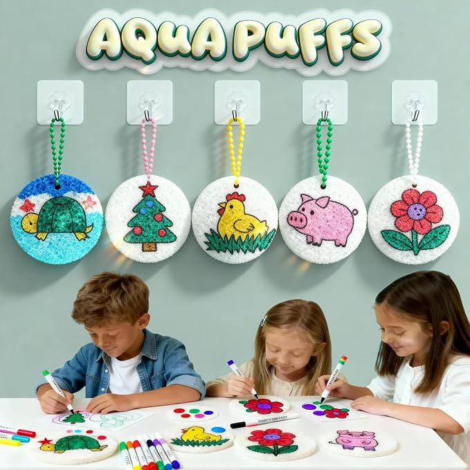 Magic Foam Texture Painting Kit - 3d Aqua Magic Puffs Art for Kids, 34 Pcs Magic Puffy Paint Kit with Foam Explosion Art Craft Papers, Kids Craft Gift for Girls & Boys Ages 4, 5, 6, 7, 8, 9, 10, 11