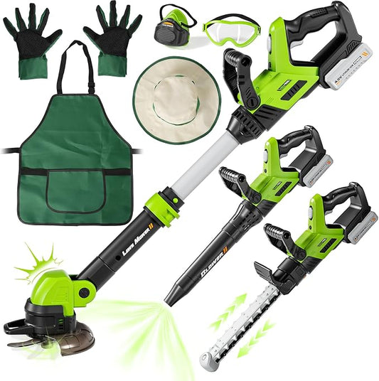 Kids Tool Set, 3-IN-1 Power Tools with Sounds & Lights, Volume, Kids Toy Weed Wacker, Leaf Blower & Hedge Trimmer, Hat, Gloves, Apron, Toy Tools Garden Outdoor Lawn Christmas Birthday Gifts for Boys