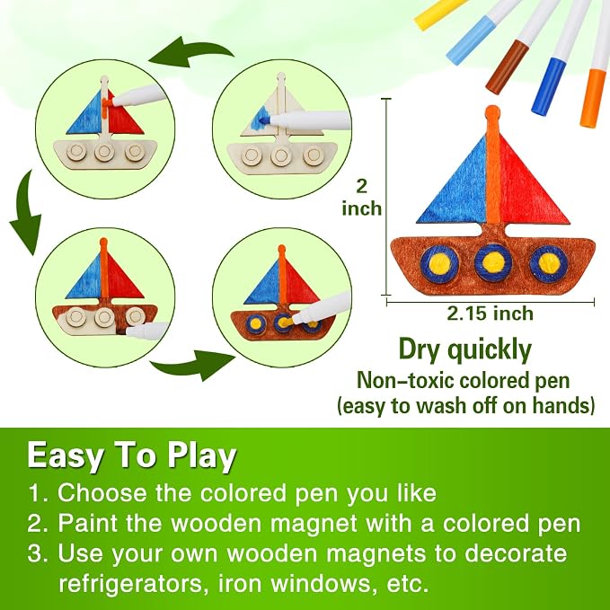 Worgree Summer Crafts for Kids, 36pcs DIY Wooden Magnets Art Craft Supplies | Painting Kit for Boys Girls Ages 4-8 8-12 Birthday Party Gifts Summer Activities School Classroom Prizes