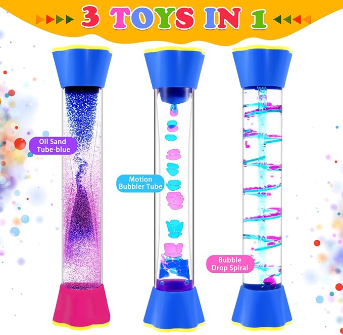 Sensory Fidget Tubes Set - Calming Toys for Kids - with Glitter Bottle, Gravity Spinner, Bubble Drop Spiral Hourglass - Promotes Calmness & Independent Play (2 Pack)