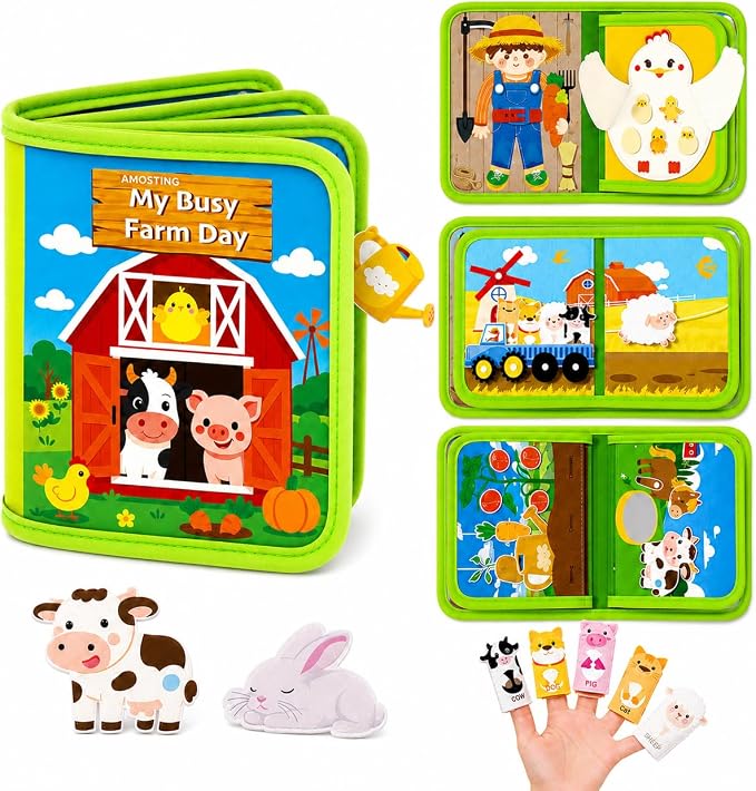 AMOSTING Busy Book for Toddlers Ages 1-3, Farm Quiet Book | Educational Fine Motor Skills Activities with Sensory Play, Busy Board Activities and Farm Learning, Travel Toy for Toddlers