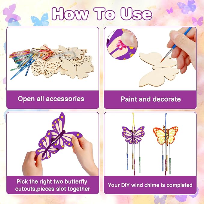 Fennoral 8 Pack 3D Butterfly Wind Chime Kit for Kids Make Your Own Butterfly Wind Chime Wooden Arts and Crafts for Kids DIY to Paint Butterfly Craft for Summer Art Activity Mother's Day Decoration
