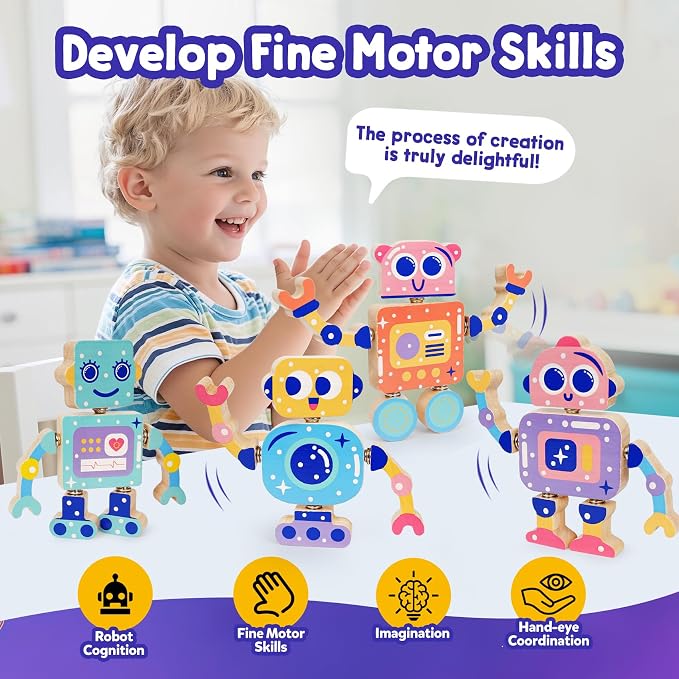 Robot Toys for Kids 3-5,Montessori Wooden Learning Toy with Take Apart Features Robots,STEM Educational Play Fine Motor Games for Boys Girls
