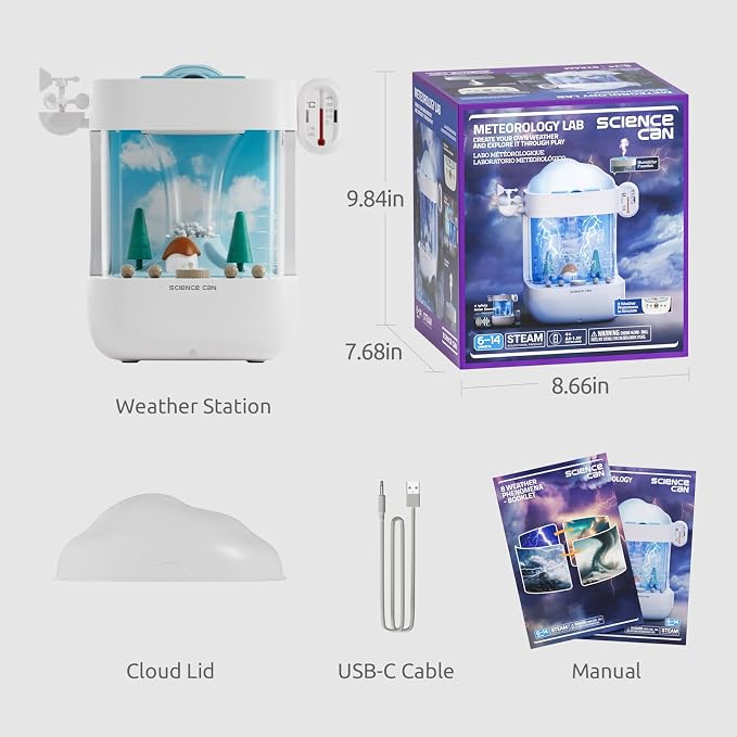 Science Can 3-in-1 Weather Station Toy for Kids, STEM Kits for Kids Age 6-8 | Educational Science Kits, 8 Predefined Weather Experiments, Humidifier/White Noise Mode, Gifts for 6 7 8 9 10 Year Old Girls