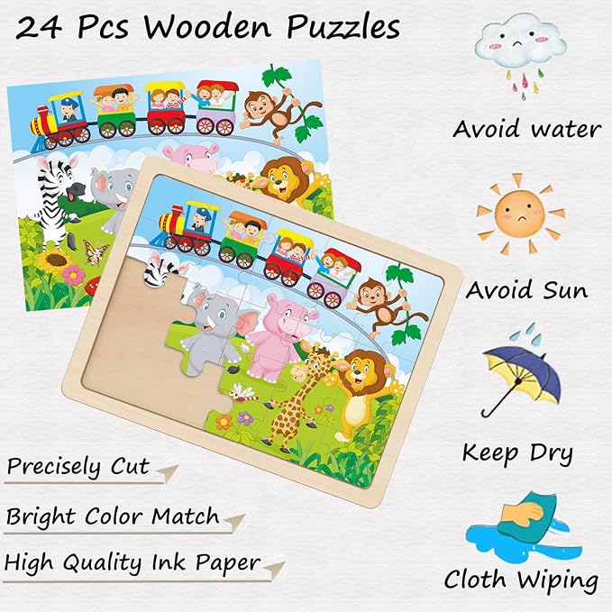 Wooden Jigsaw Puzzles for Kids Ages 4-6, 4-Pack 24-Piece Puzzles Toy | Wood Puzzles Set, Toddler Brain Teaser Toys, Gifts for Boys Girls Ages 3 4 5 6