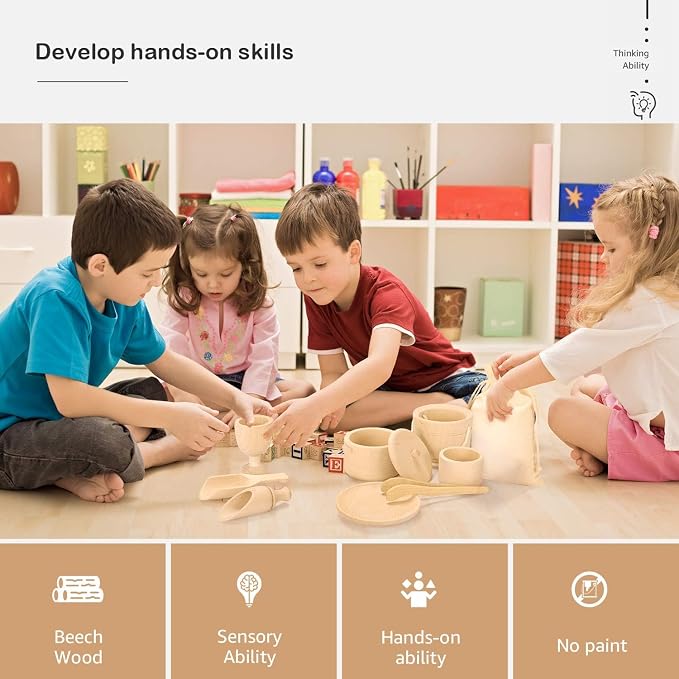 Montessori Toys Sensory Bin Toys for Toddlers Set of 9 | Wooden Waldorf Toys Wooden Scoops and Tongs for Transfer Work and Fine Motor Skills Development