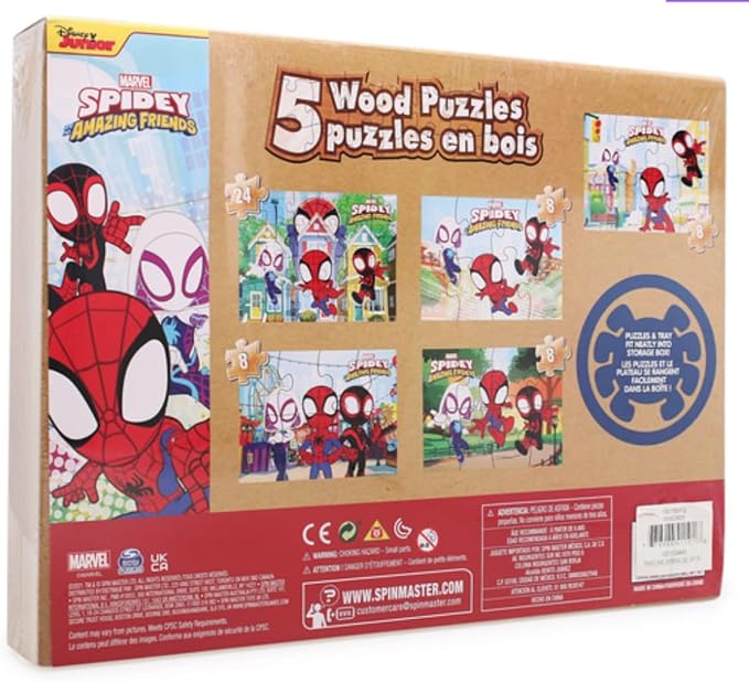 Disney Junior Marvel Spider-Man Spidey Amazing Friends - Set of 5 Wood Puzzles with Storage Box for Kids - Ages 4 and Up