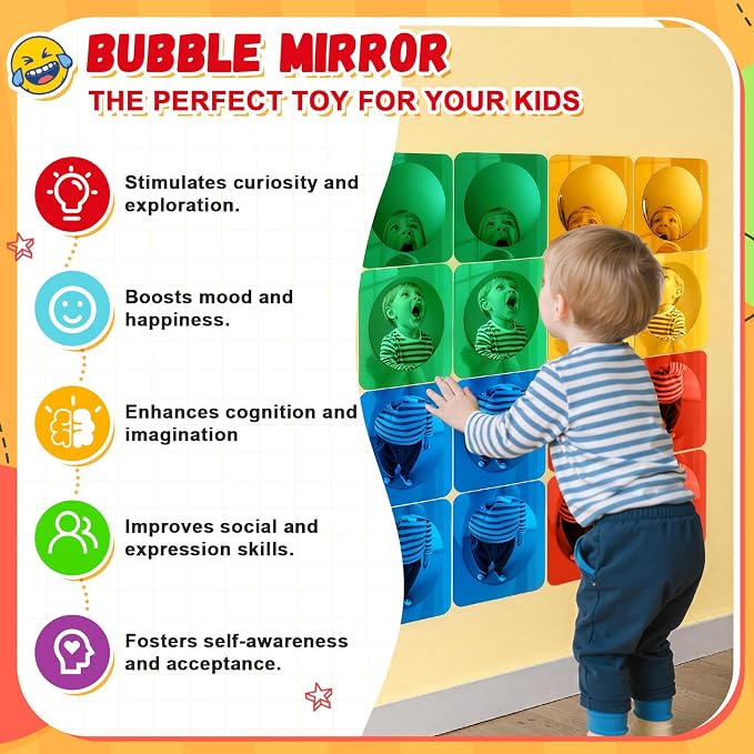 Geiserailie 16 Pcs Sensory Wall Bubble Mirrors, 10 x 10 Inch, CPC Certified | Colorful Acrylic Convex Mirrors, Sensory Room must haves, Classroom Learning Tool, Calming Corner, Preschool Daycare Activity