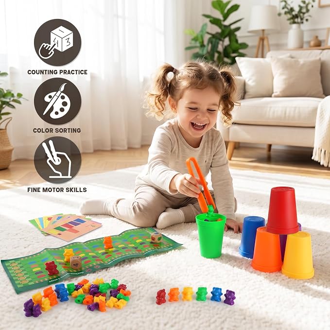 NEOROD Counting Bears - 90 Pcs Color Sorting Toys for Toddlers 1-3 & Preschool Learning Toys with Stacking Cups,Math Manipulatives with 2 Tweezers, 2 Dices, 12 Activity Cards & Storage Container