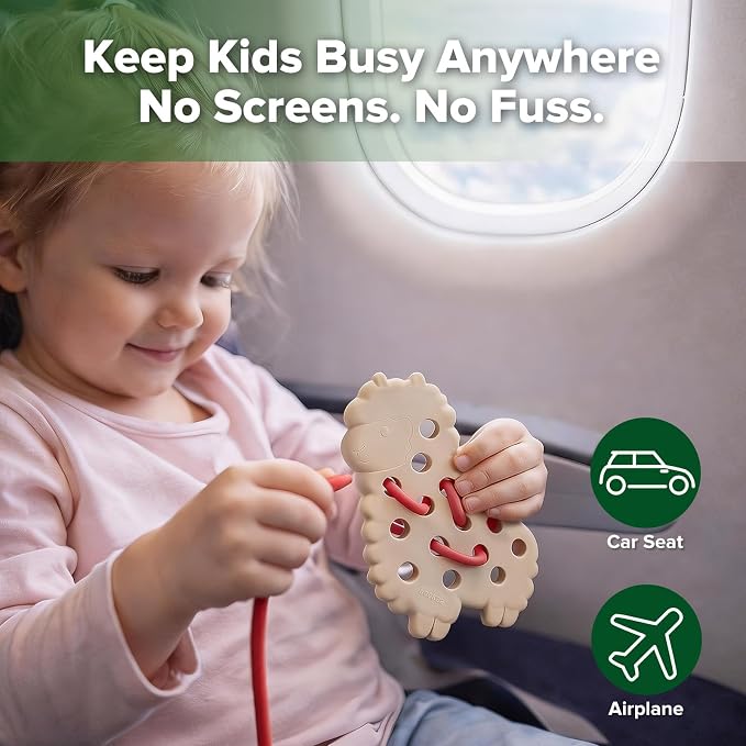haakaa Alfie Alpaca Silicone Lacing Toy for Toddlers Ages 2+ | BPA-Free Silicone Threading Toy, Fine Motor Skills Play, Quiet Travel Activity with Alpaca, Barn & 4 Laces