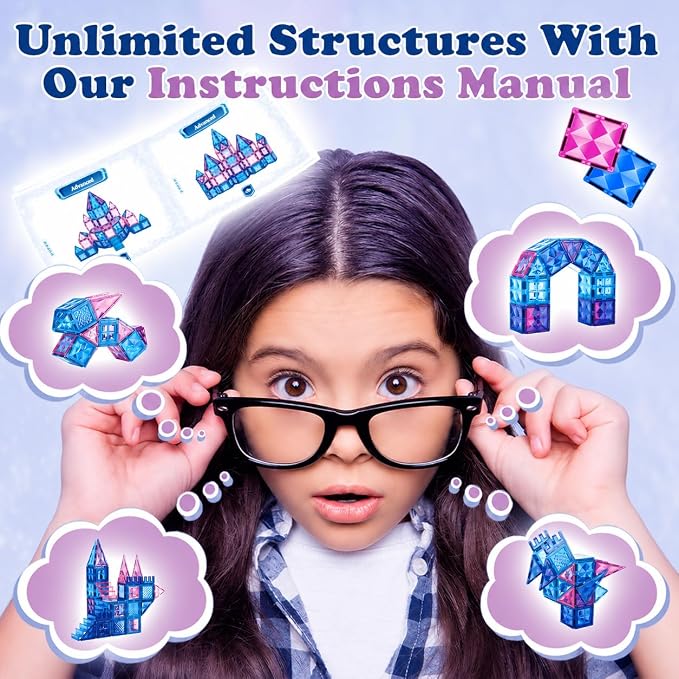 Little Pi 102pcs Frozen Princess Castle Magnetic Tiles Building Blocks - 3D Diamond Blocks, STEM Educational Toddler Toys for Pretend Play, 4 Year Old Girl Birthday Gifts Kids Ages 3 5 6 7 8 - Blue